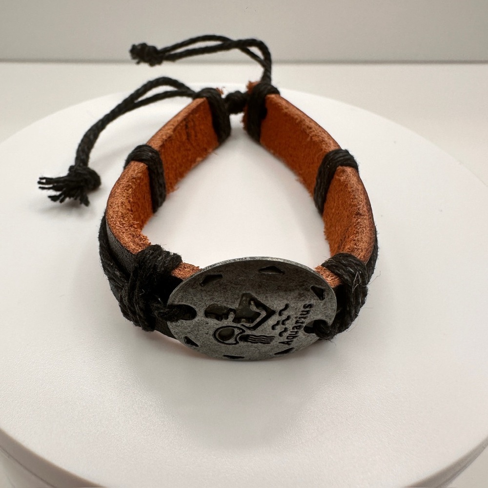 Vintage 90s Aquarius Zodiac Leather Bracelet Black & Brown Adjustable Unisex